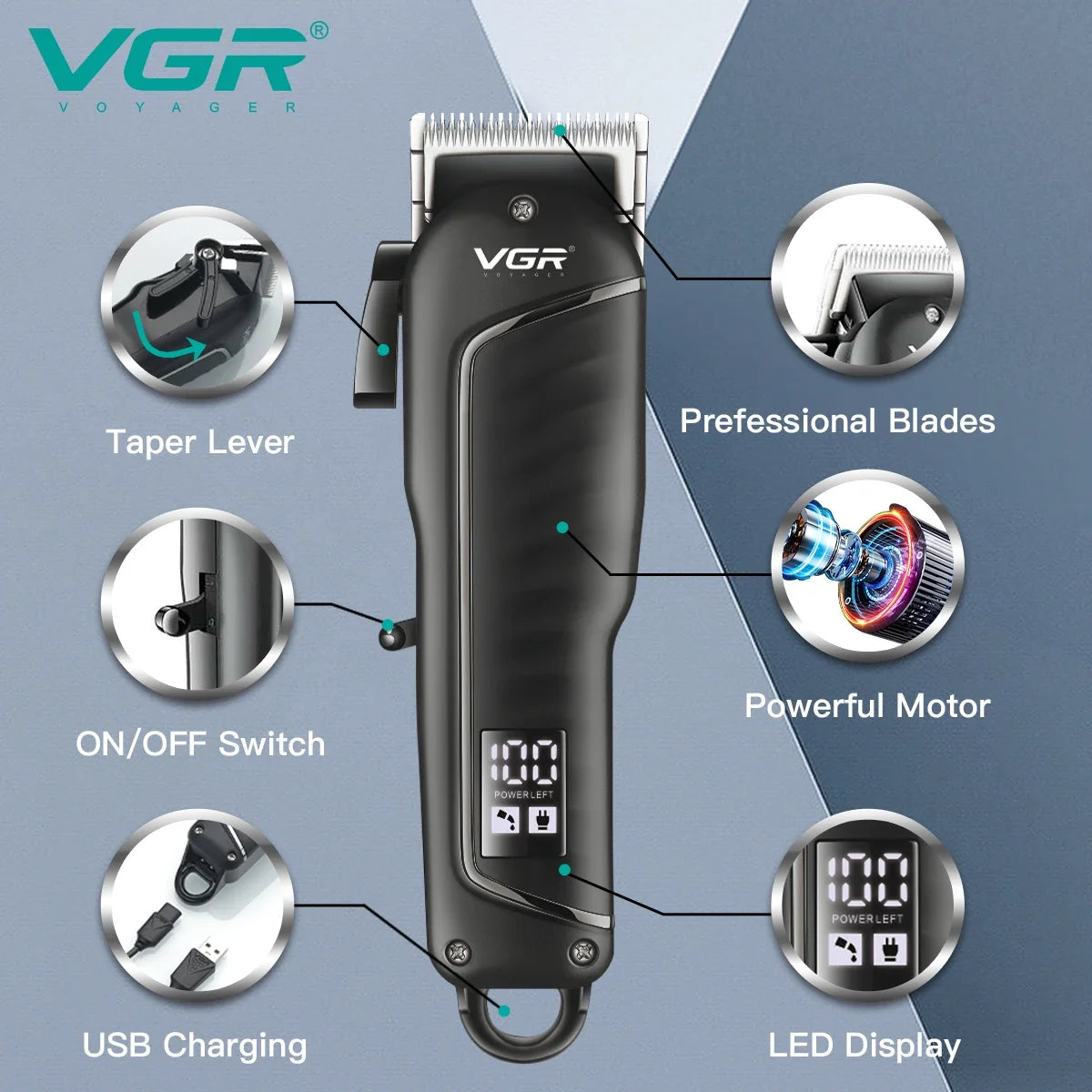 VGR Rechargeable Hair Clipper Barber Beard Hair Cutting Hair Trimmer