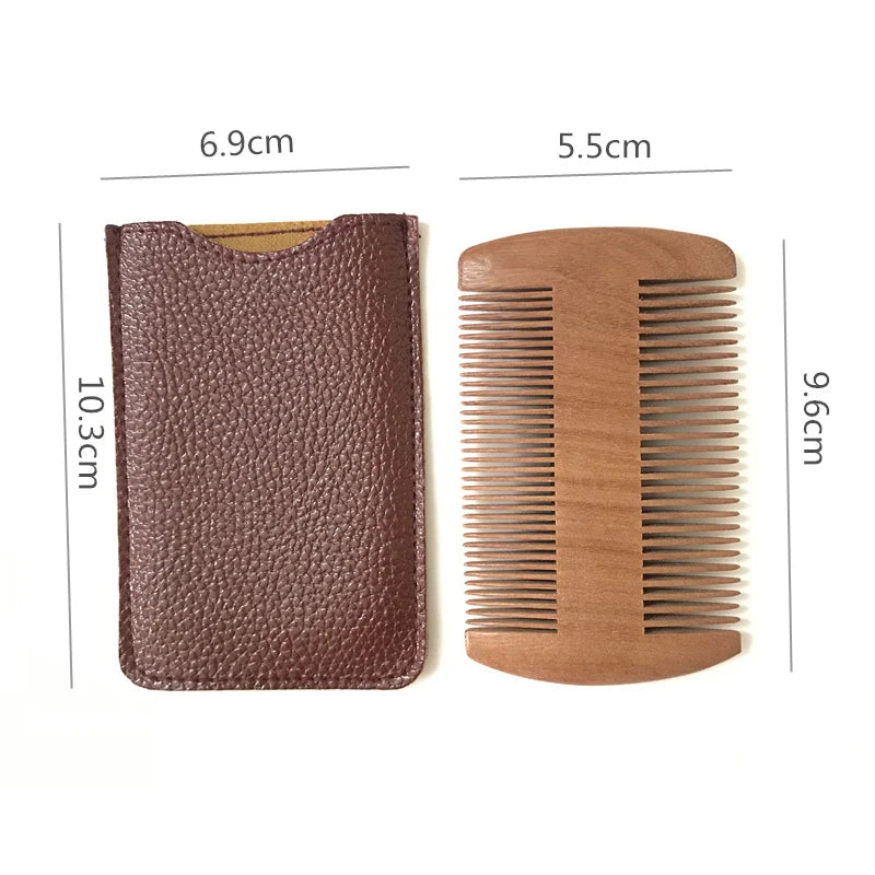 Natural Wood Hair Brush Beard Comb with PU Leather Case
