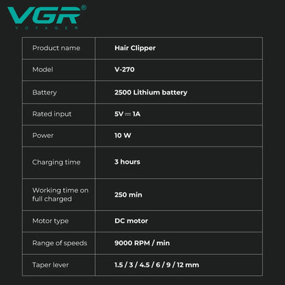 VGR Hair Trimmer Electric Cordless Hair Clipper Professional V-270