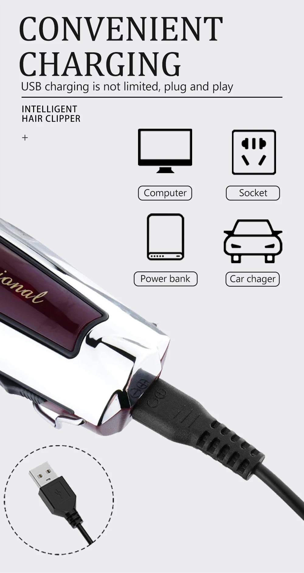 Rechargeable cordless hair trimmer for men grooming