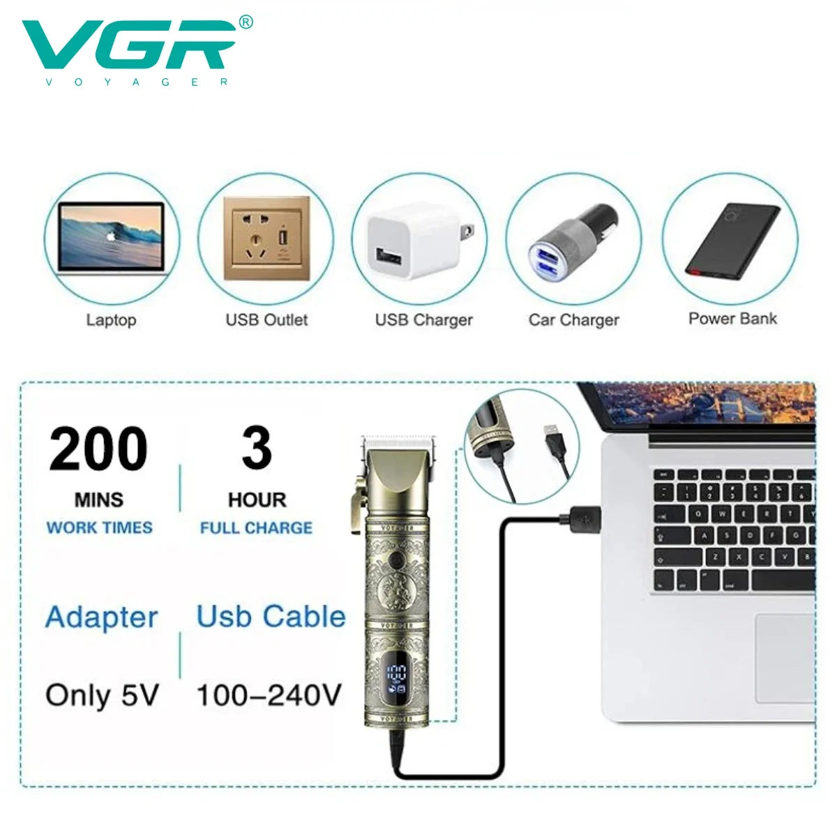 VGR Hair Clipper Professional Hair Trimmer LED Display V-697