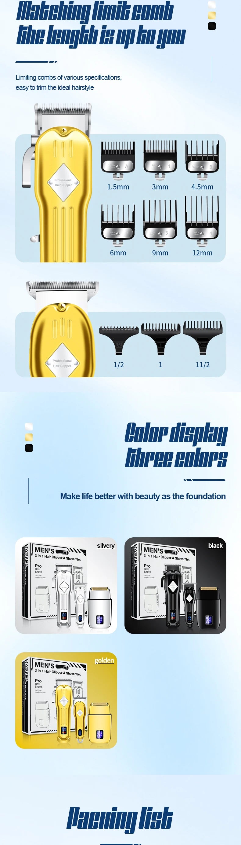 RESUXI 973 3 in 1 Professional Electric Hair Clipper and Shaver Set