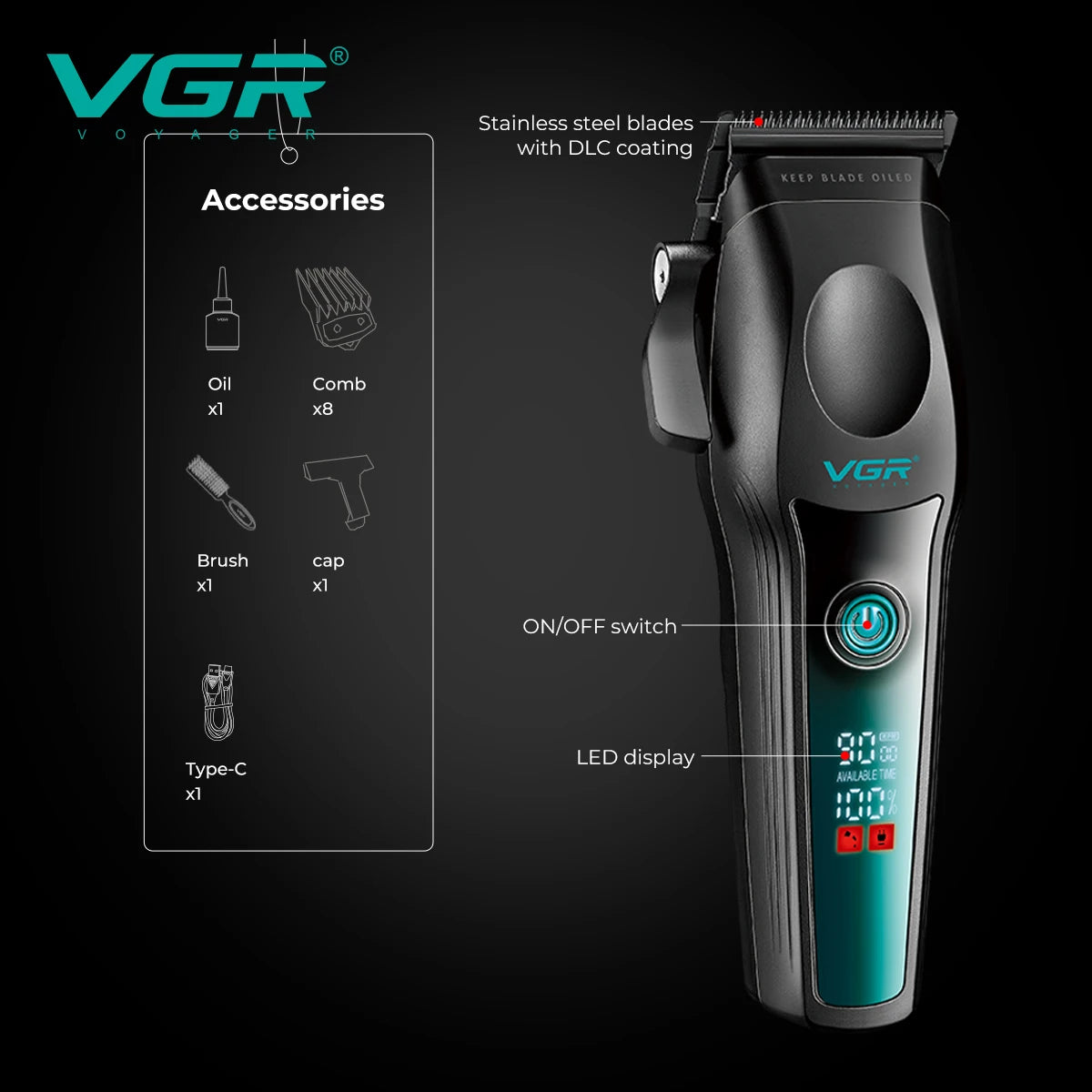 VGR New High end Hair Clipper Metal Body Titanium Alloy  V-195