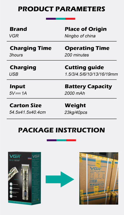 VGR Hair Clipper Professional Hair Trimmer LED Display V-697