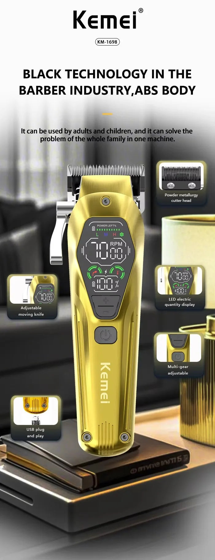 Kemei Hair Trimmers Professional Hair Cut Machine 9000 RPM KM-1698