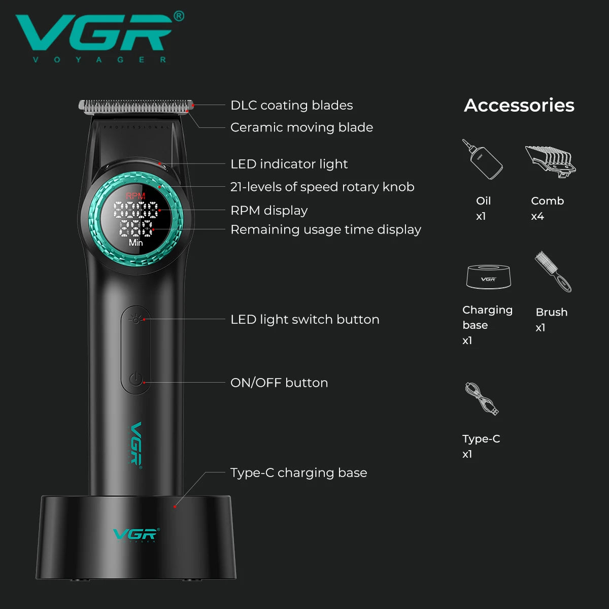 VGR Hair Trimmer Professional USB Hair Clipper Cordless