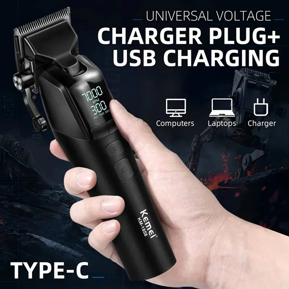 9000RPM Kemei KM-1858 Men's Hair Clipper DLC Blade LED Display