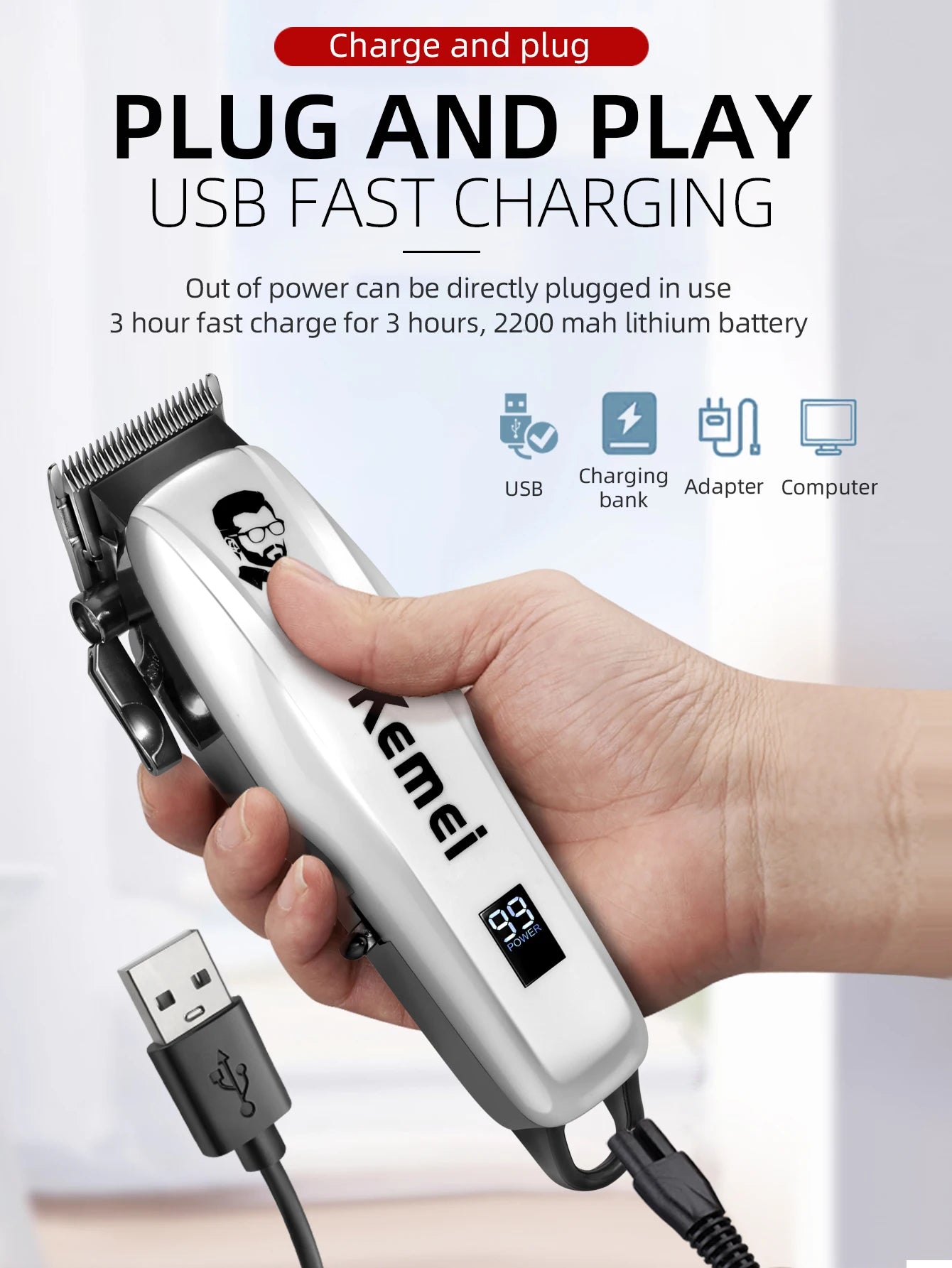 Kemei Pg809A Adjustable Powerful Hair Clipper Barber Electric Hair Trimmer