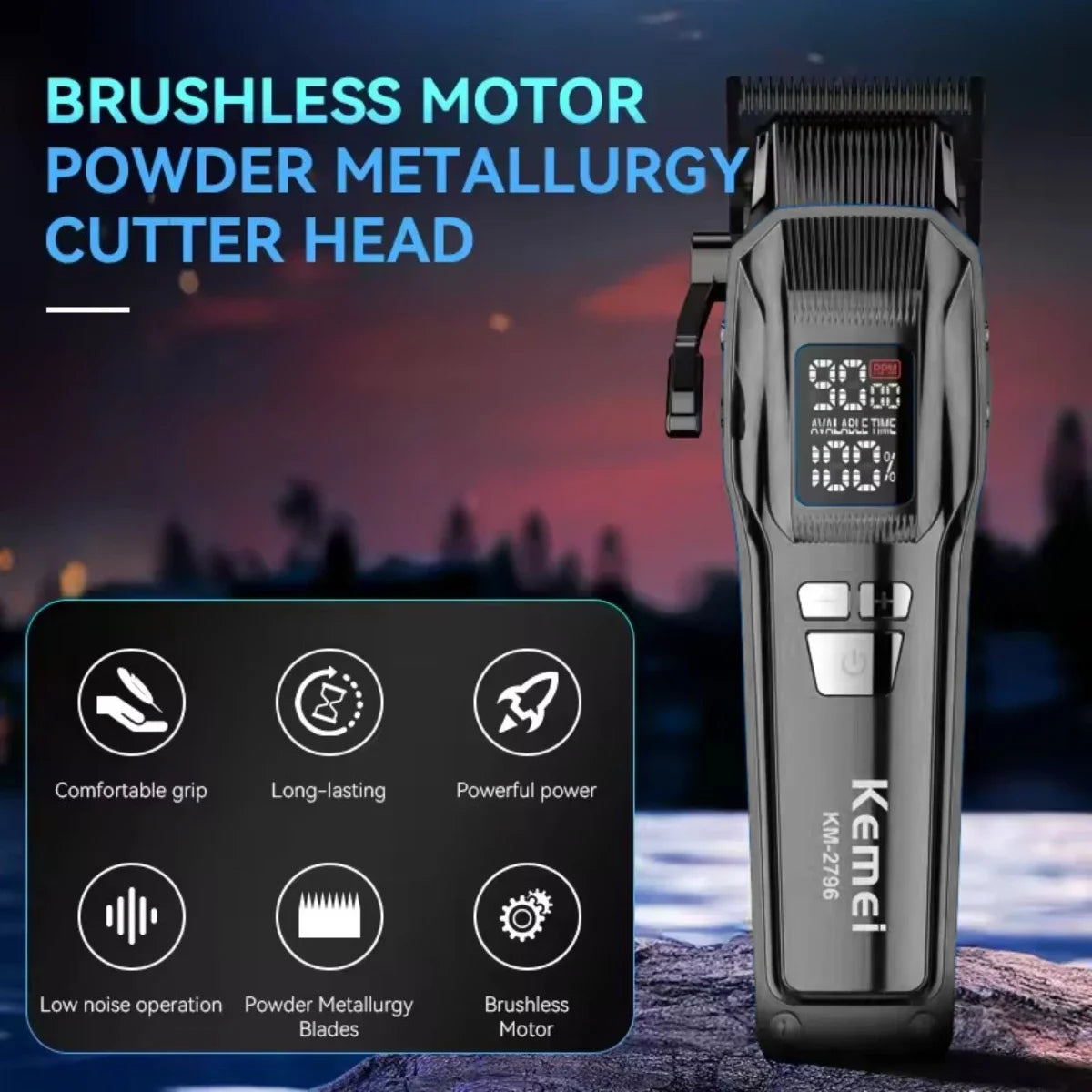 Kemei KM-2796 9000RPM Brushless Motor DLC Blade LCD Hair Cutting