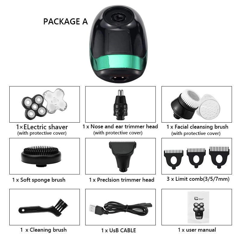 5 In 1 4D Men's Rechargeable Bald Head Electric Shaver