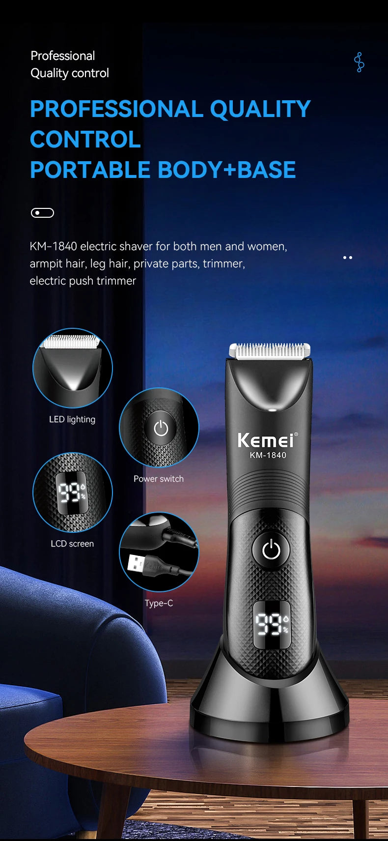 Kemei Electric Groin Ball Hair Trimmer Waterproof Clippers Razor