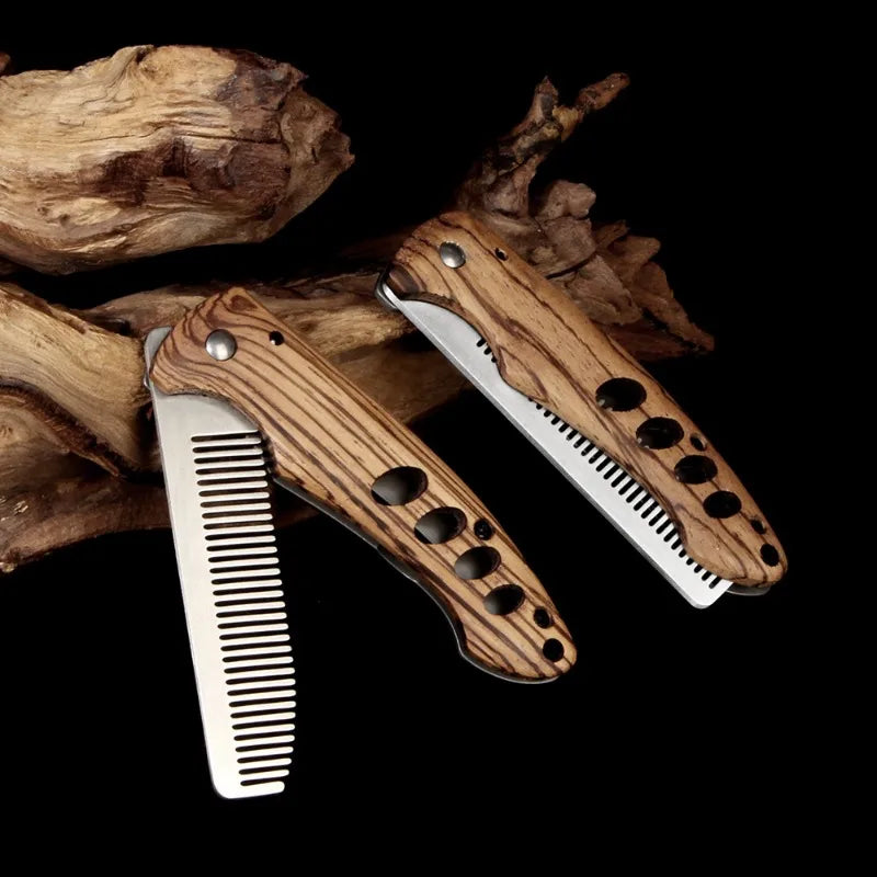 Solid Wood & Metal Folding Beard Comb for Men