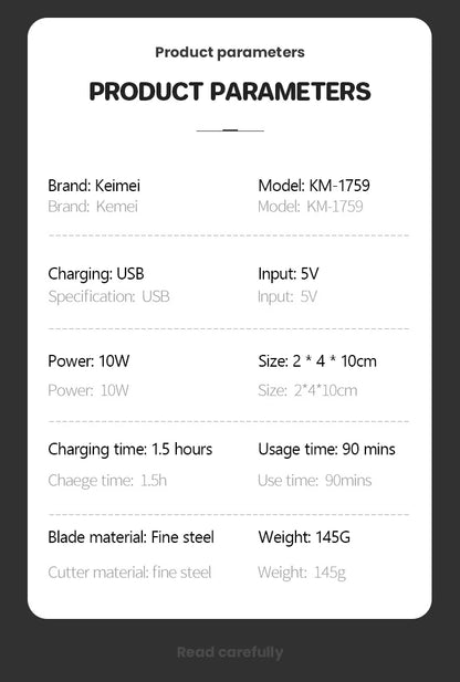 Kemei KM-1759 Waterproof 10W Hair Trimmer For Men