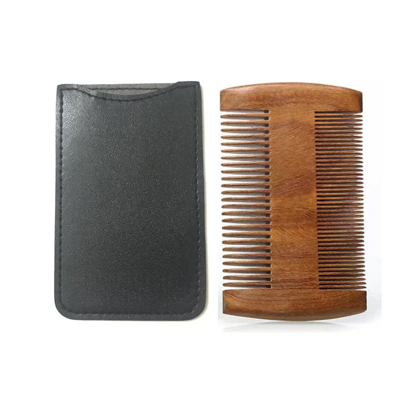 Natural Wood Hair Brush Beard Comb with PU Leather Case