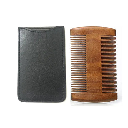 Natural Wood Hair Brush Beard Comb with PU Leather Case