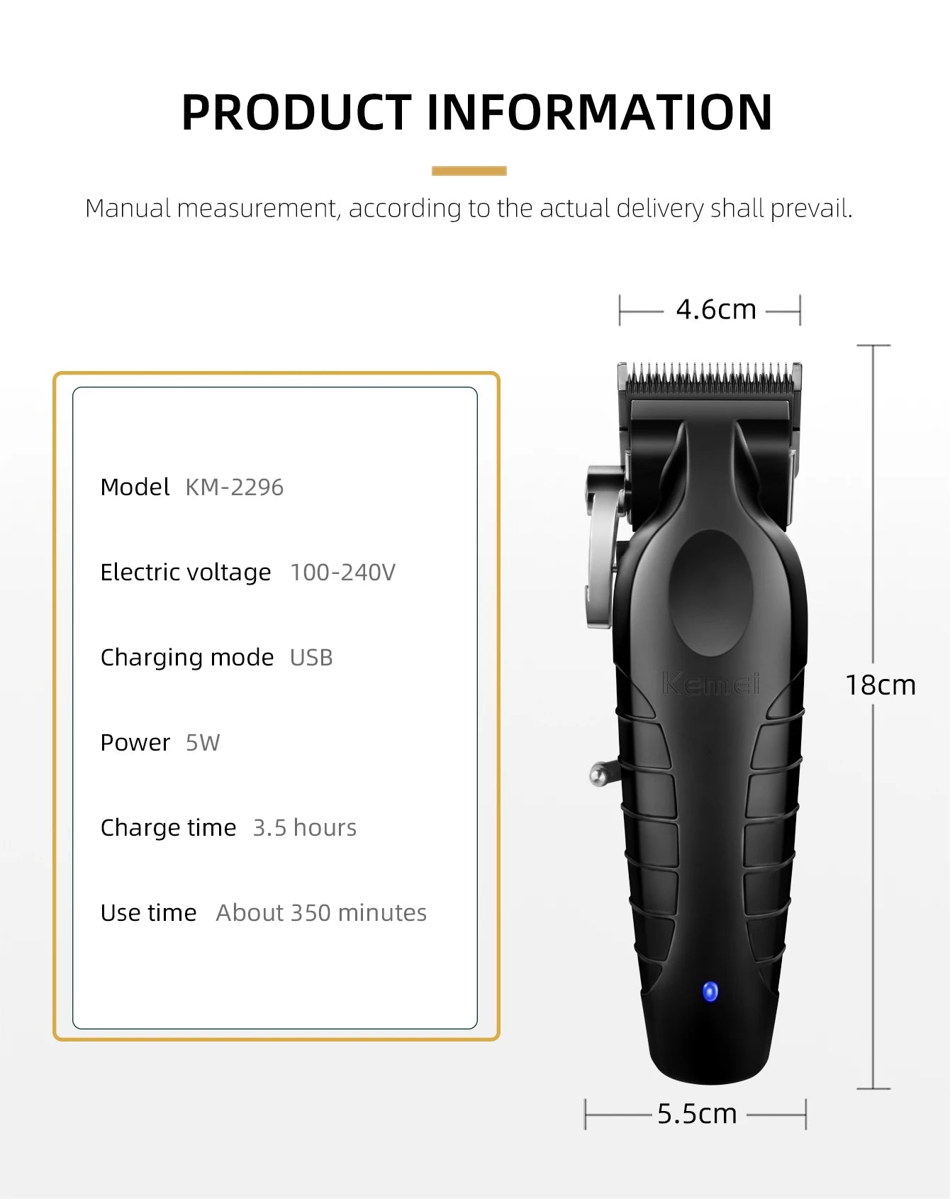 Kemei Men's Electric Hair Clipper USB Rechargeable KM-2296