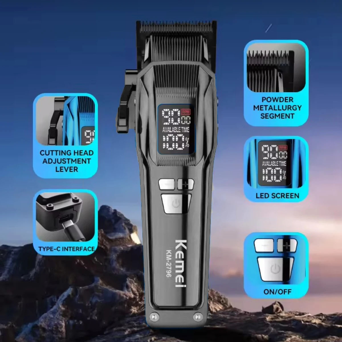 Kemei KM-2796 9000RPM Brushless Motor DLC Blade LCD Hair Cutting
