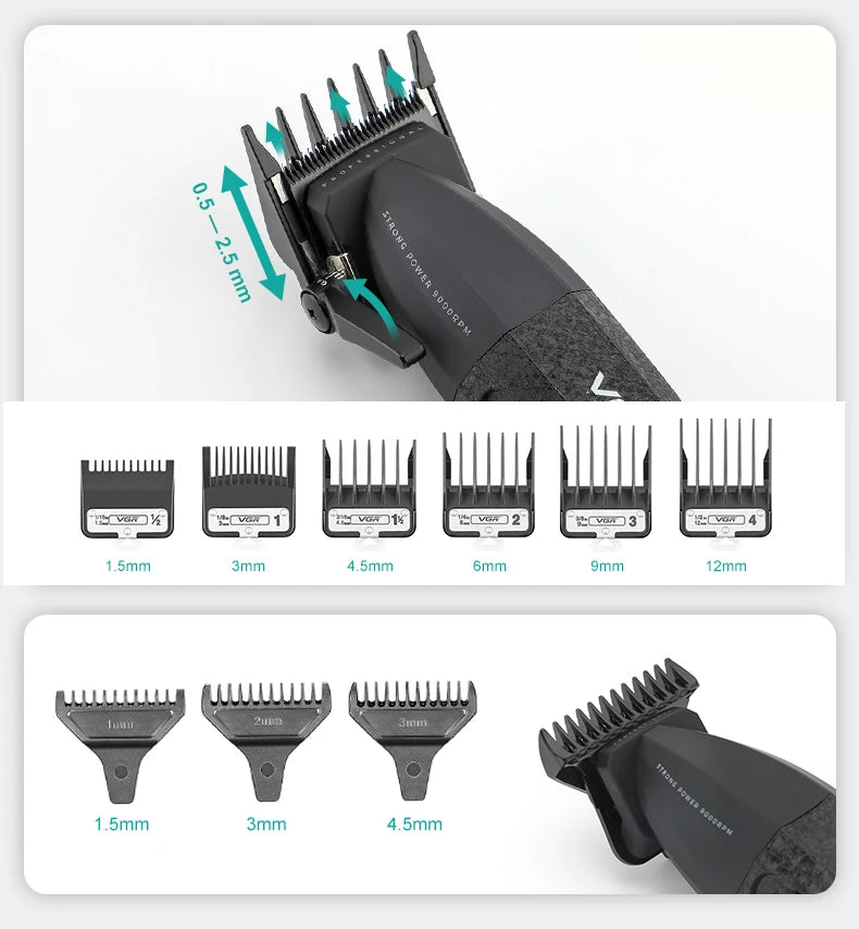 VGR Hair Clippers Professional Barber Clippers Adjustable Hair Cut