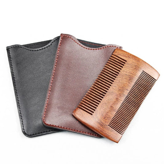 Natural Wood Hair Brush Beard Comb with PU Leather Case