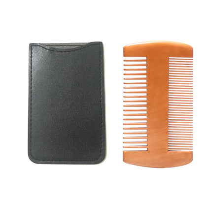 Natural Wood Hair Brush Beard Comb with PU Leather Case
