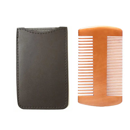 Natural Wood Hair Brush Beard Comb with PU Leather Case