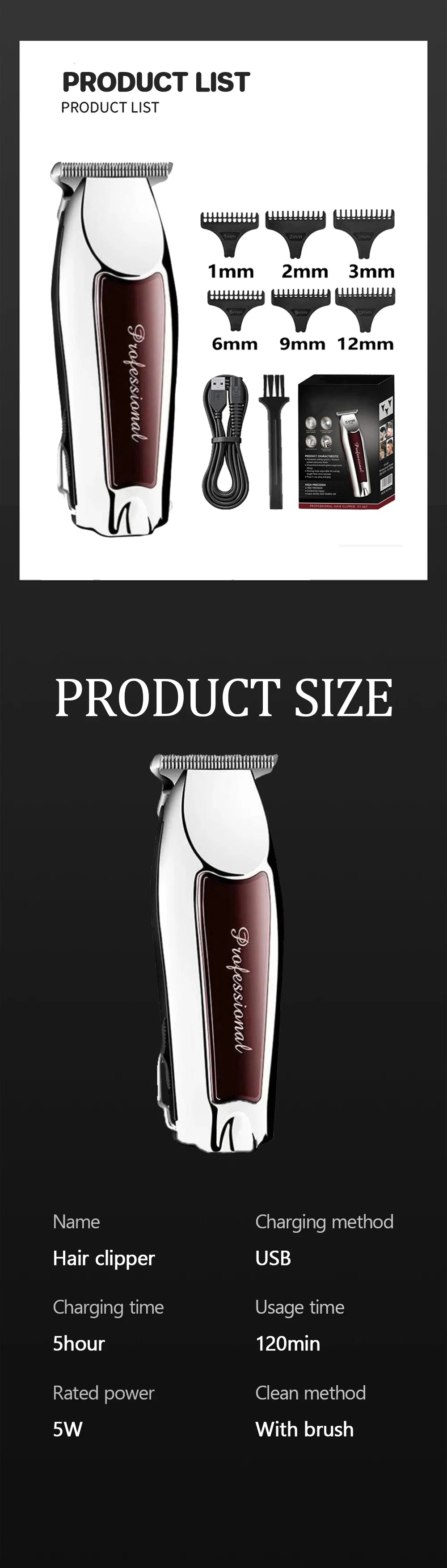 Rechargeable cordless hair trimmer for men grooming