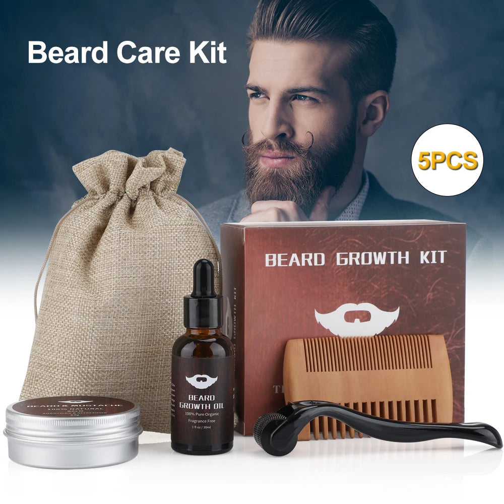 4 Pieces Beard Growth Kit Hair Enhancerbeard Oil Moisturizing Hair Roller Comb