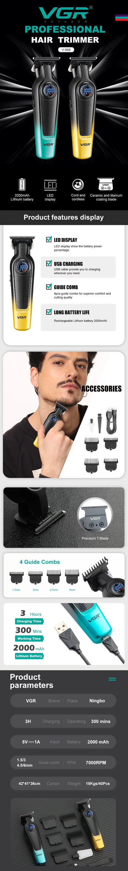 VGR Professional Barber Clippers Cordless Rechargeable V-996