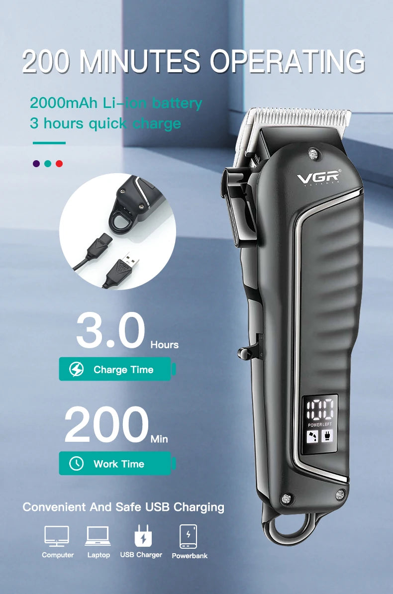 VGR Rechargeable Hair Clipper Barber Beard Hair Cutting Hair Trimmer