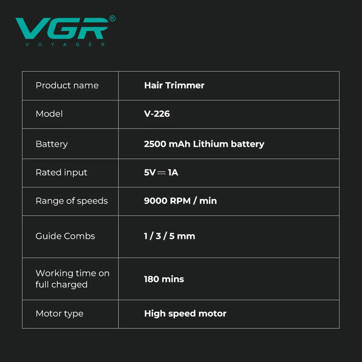 VGR Hair Trimmer Professional 9000 RPM Hair Clipper V-226