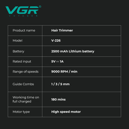 VGR Hair Trimmer Professional 9000 RPM Hair Clipper V-226