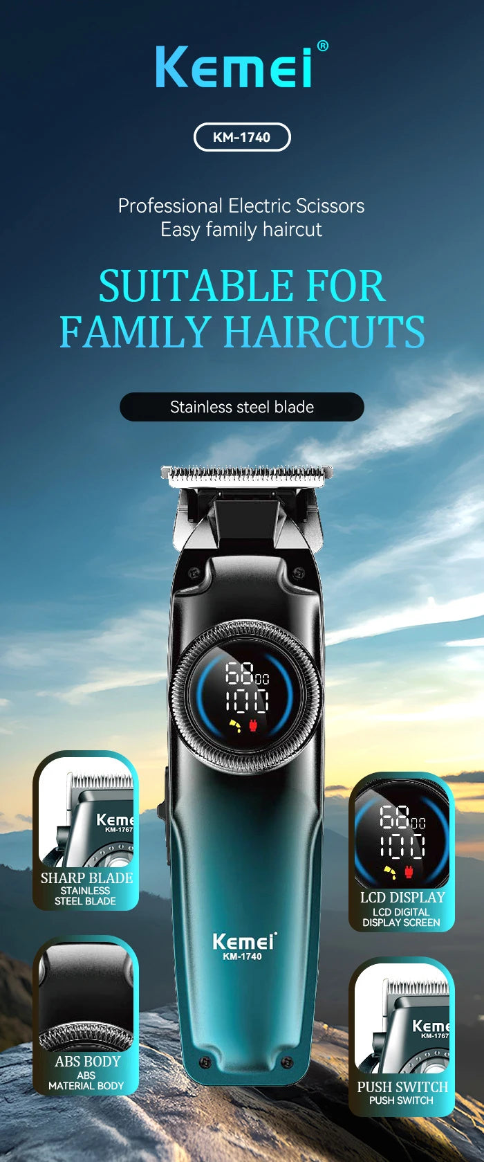 Kemei 1740 Barber Fade Hair Clippers Professional Cordless Trimmer