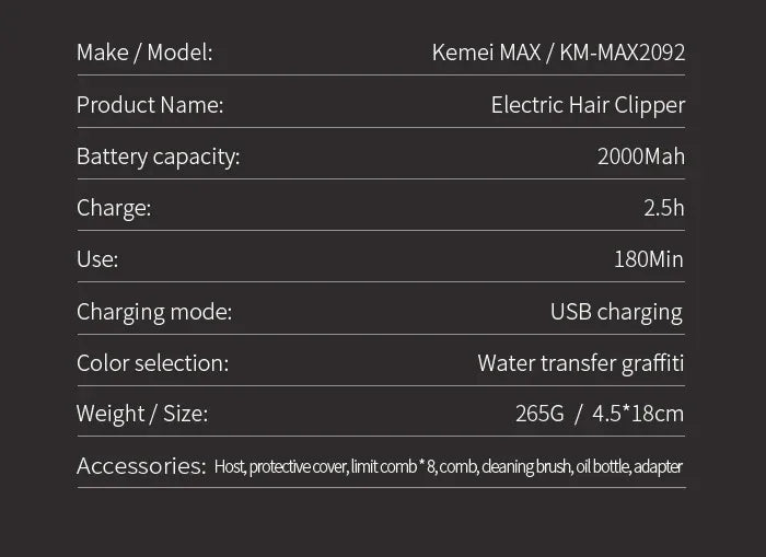 Kemei Electric Hair Clipper Shaver Km-MAX2092 KM-MAX5090 KM-RS7098