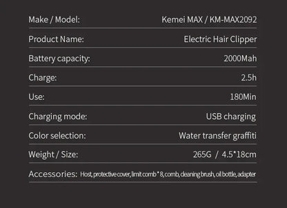 Kemei Electric Hair Clipper Shaver Km-MAX2092 KM-MAX5090 KM-RS7098