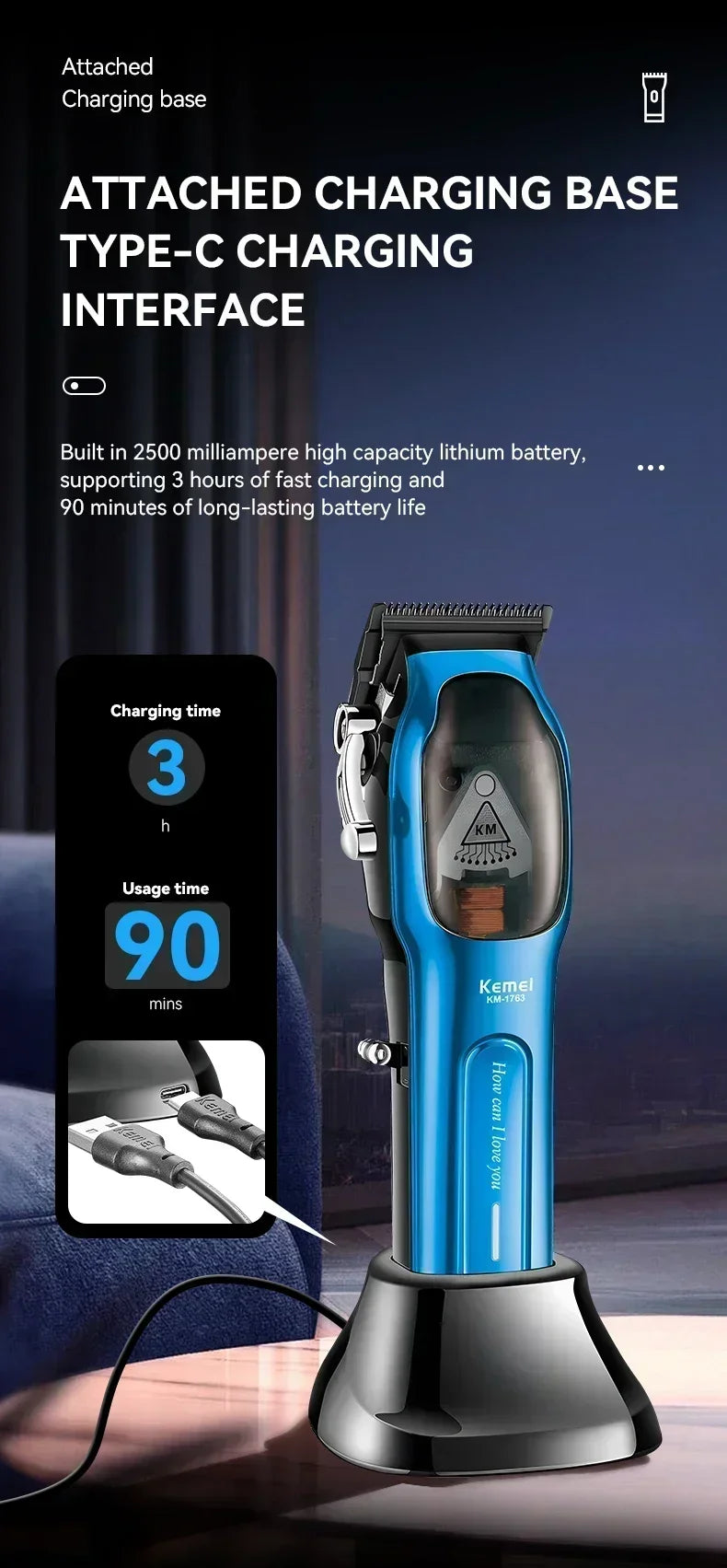 Kemei Km-1763 Fully Automatic Professional Men's Hair Clipper