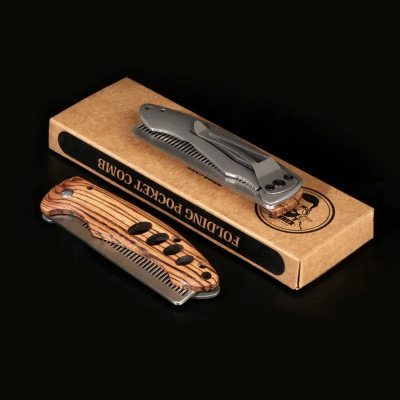 Solid Wood & Metal Folding Beard Comb for Men