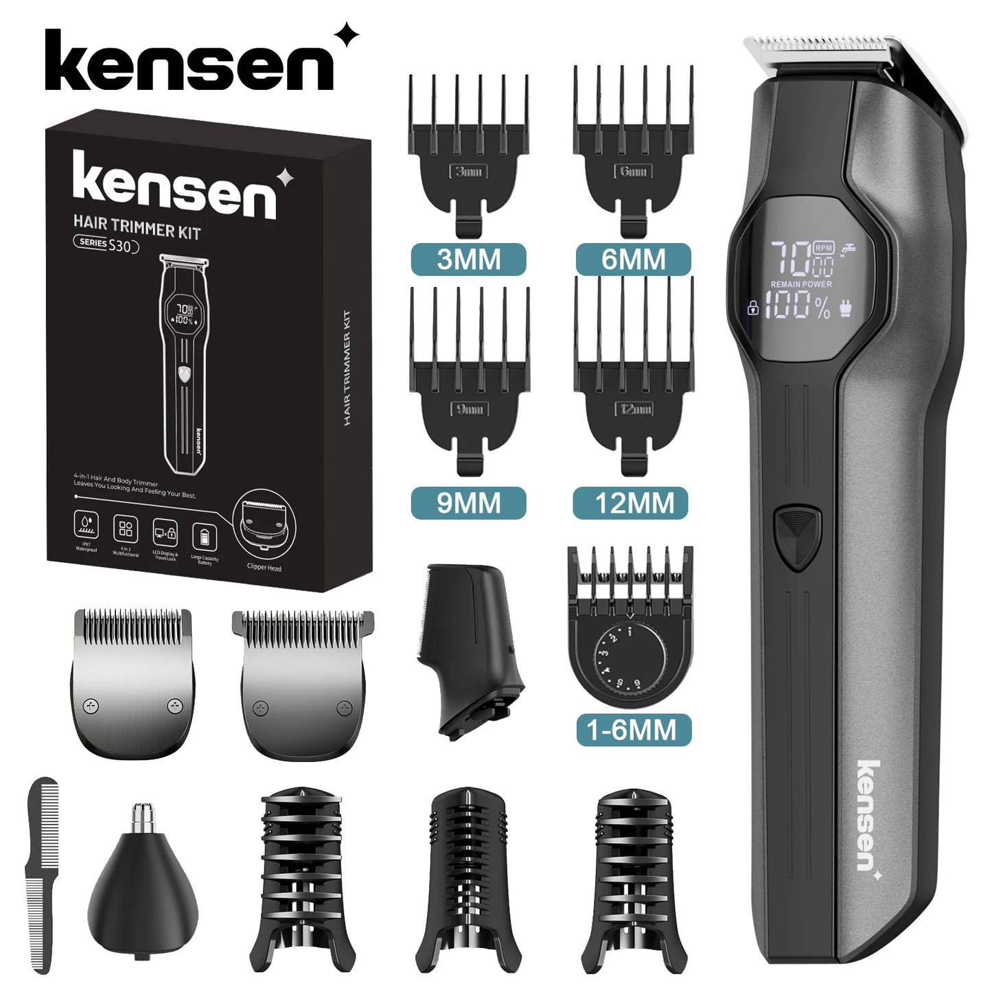 S30 4 in 1 Cordless Hair Clipper LED Display Hair Cutting