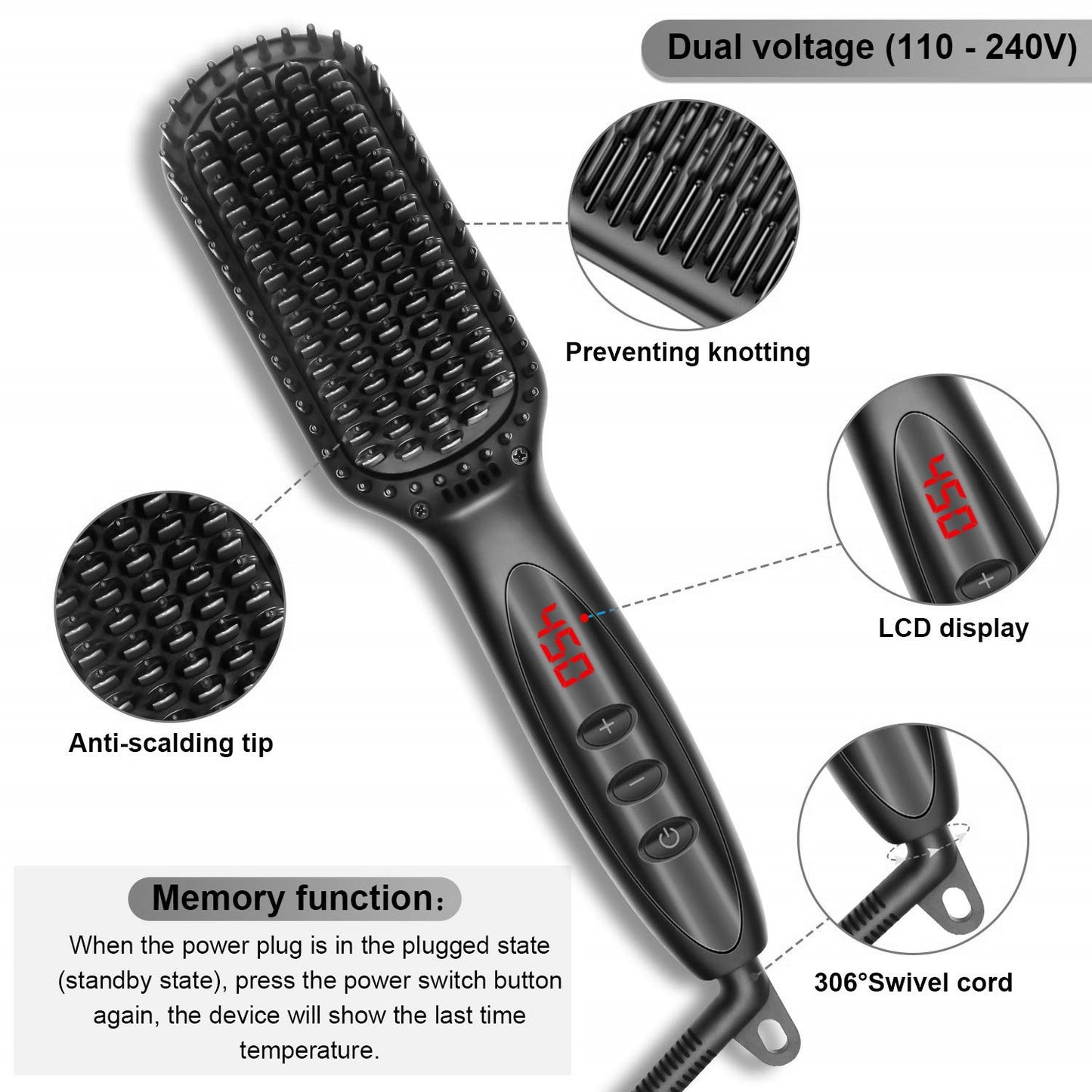 2 in 1 Hair Straightener Brush Heating Beard Clip Comb Styler Electric Ionic Straightening Brush