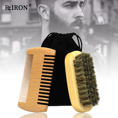 Custom Logo Wood Beard Brush And Comb Set