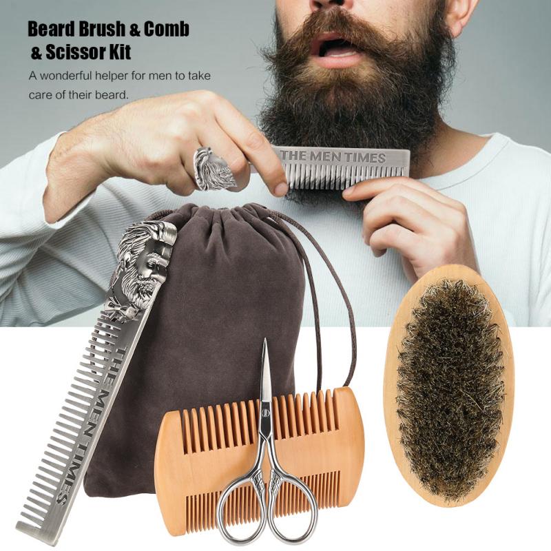 Beard Brush Set Double-sided Styling Comb Scissor