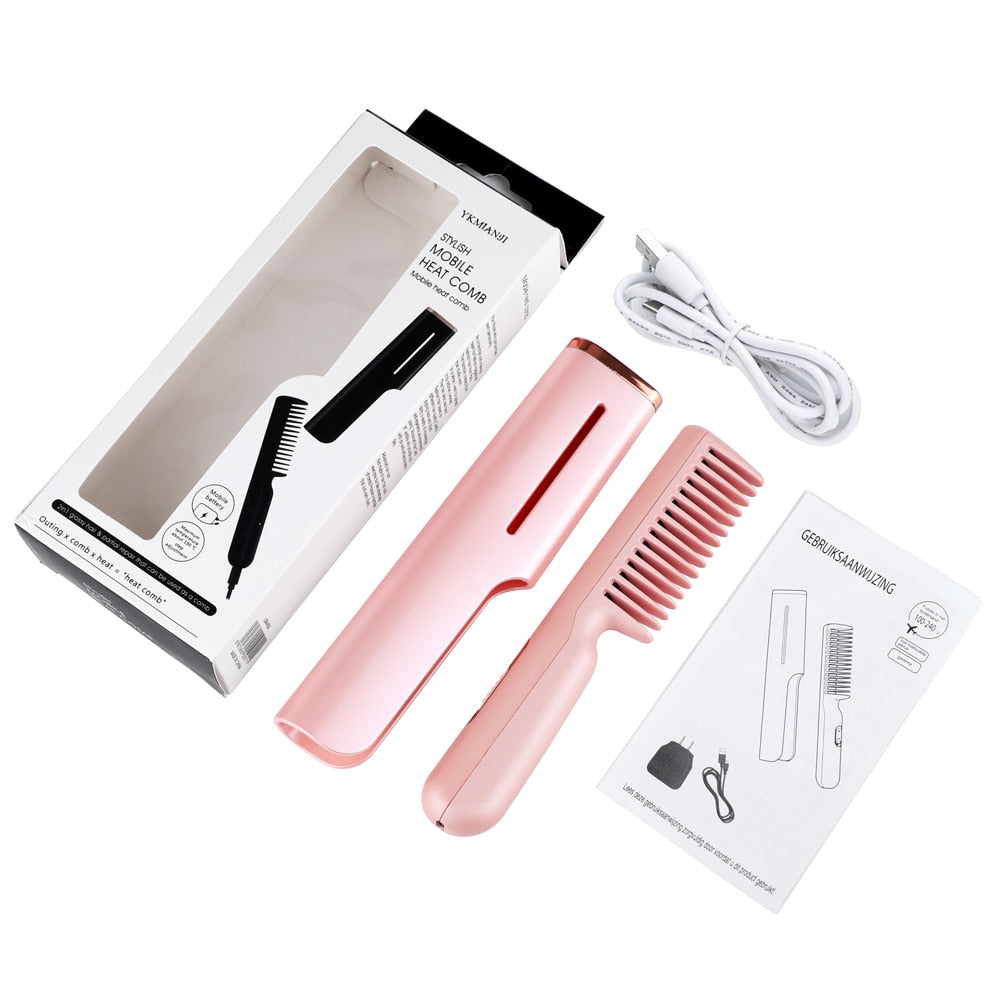 Electric Hair Comb 2 In 1 Straightener Curler Fast Heating Portable Mini Comb