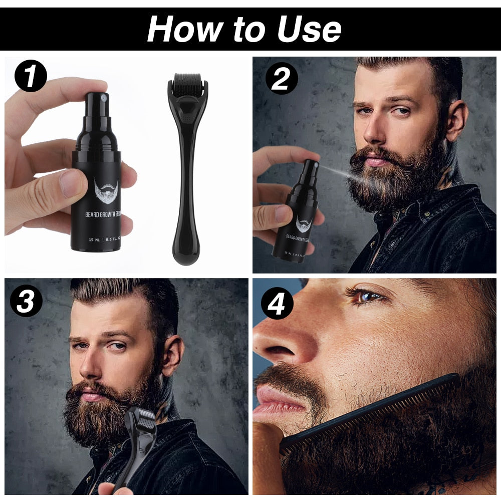 Growth Oil For Men Beard Growth Serum Roller Comb Kit