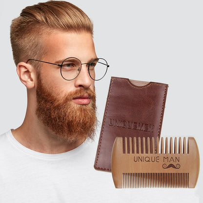 Natural Wood Hair Brush Beard Comb with PU Leather