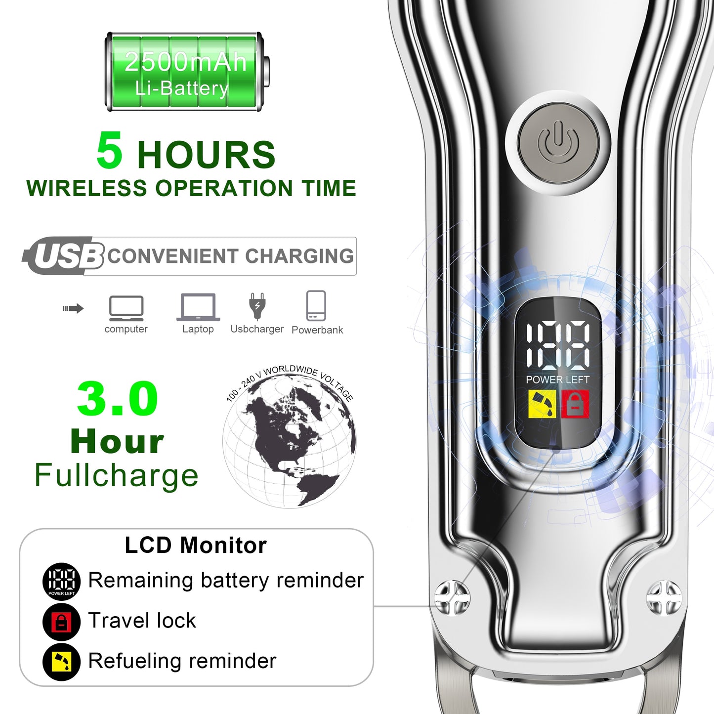 Professional Hair Clippers Beard Trimmer Men Cordless Barbers Grooming