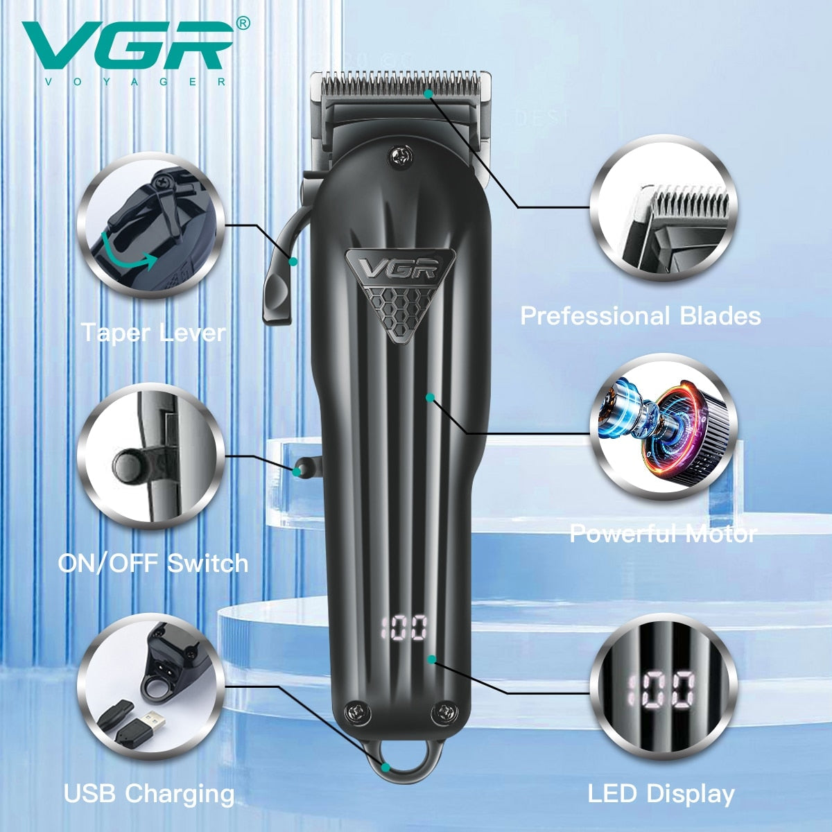 VGR Hair Clipper Professional Hair Cutting Machine Hair Trimmer Cordless