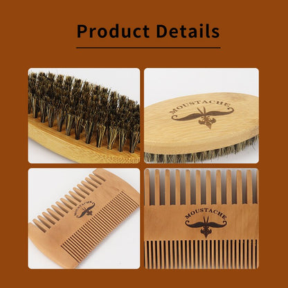 Boar Bristle Beard Brush Set Wooden Double Sided