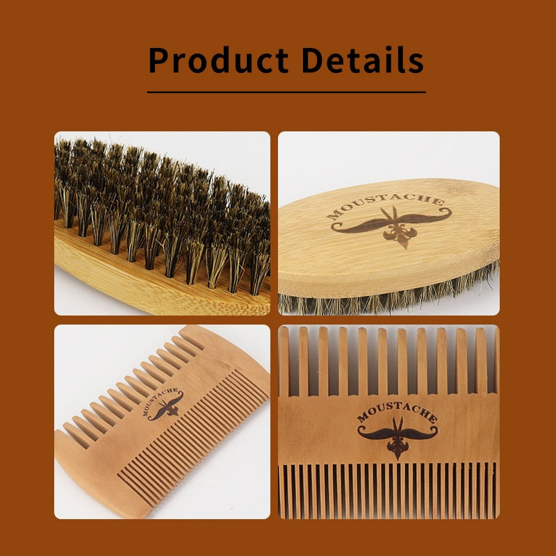 RIRON Boar Bristle Beard Brush Set Wooden