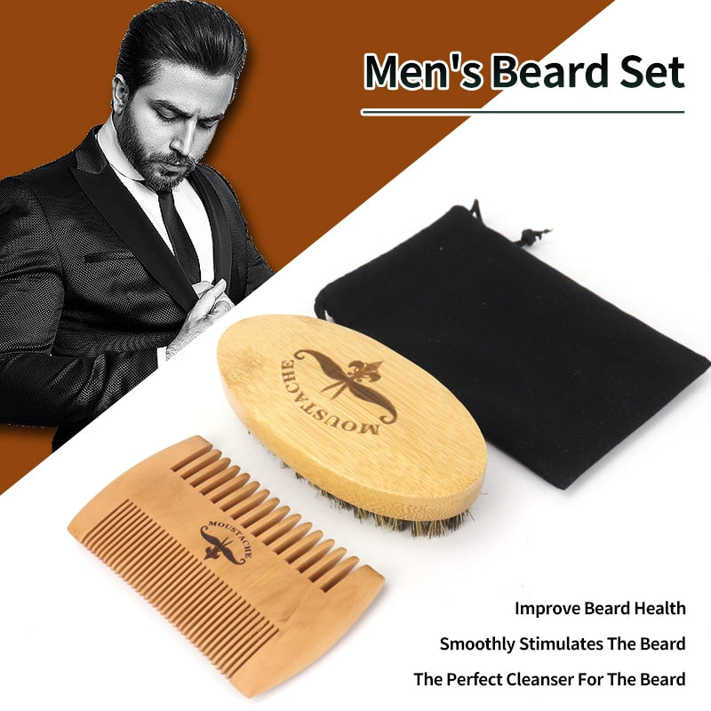 Natural Boar Bristle Beard Brush Set Double Sided