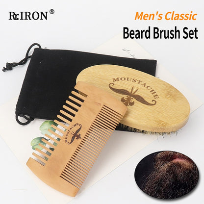 Boar Bristle Beard Brush Set Wooden Double Sided