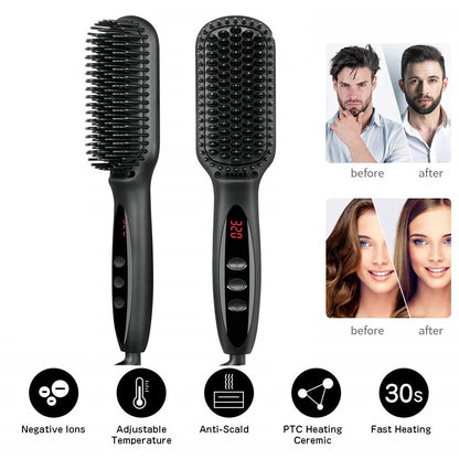 2 in 1 Hair Straightener Brush Heating Beard Clip Comb Styler Electric Ionic Straightening Brush